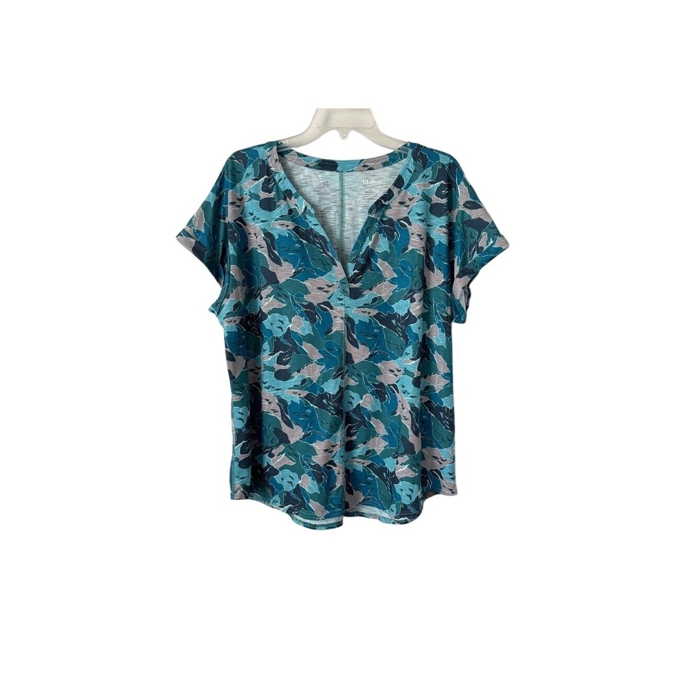 L.L. Bean Teal & Gray Printed V-Neck Short Sleeve Top Casual Relaxed Fit XL